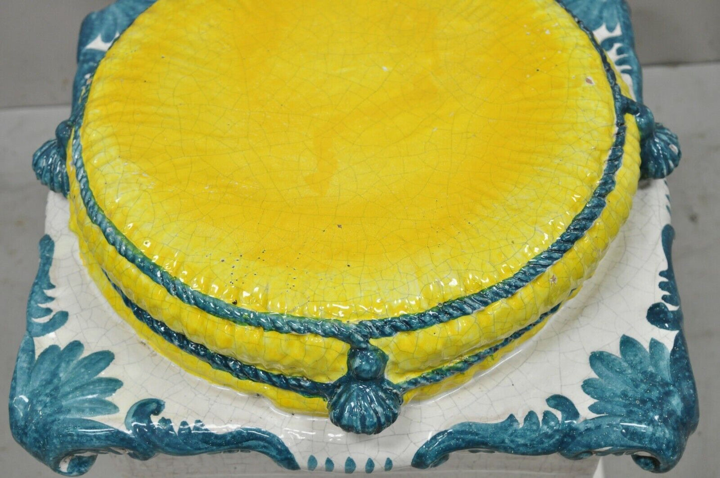 Italian Regency Yellow Blue Glazed Terracotta Greek Key Garden Seat Side Table