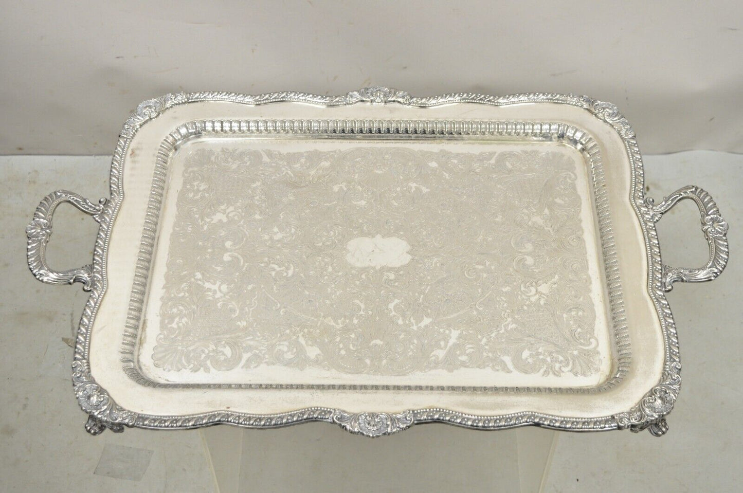 Antique English Victorian Large Pierced Gallery Twin Handle Serving Platter Tray