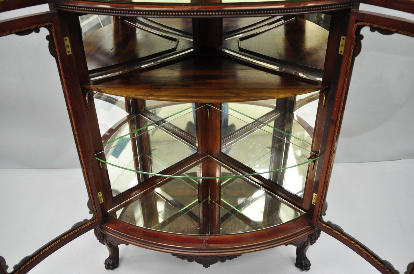 Antique Mahogany Victorian Bow Front Glass Corner Curio Cabinet Display Vitrine