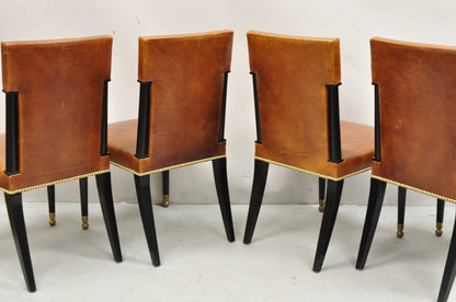 French Art Deco Style Brown Leather Ebonized Frame Dining Chairs - Set of 8