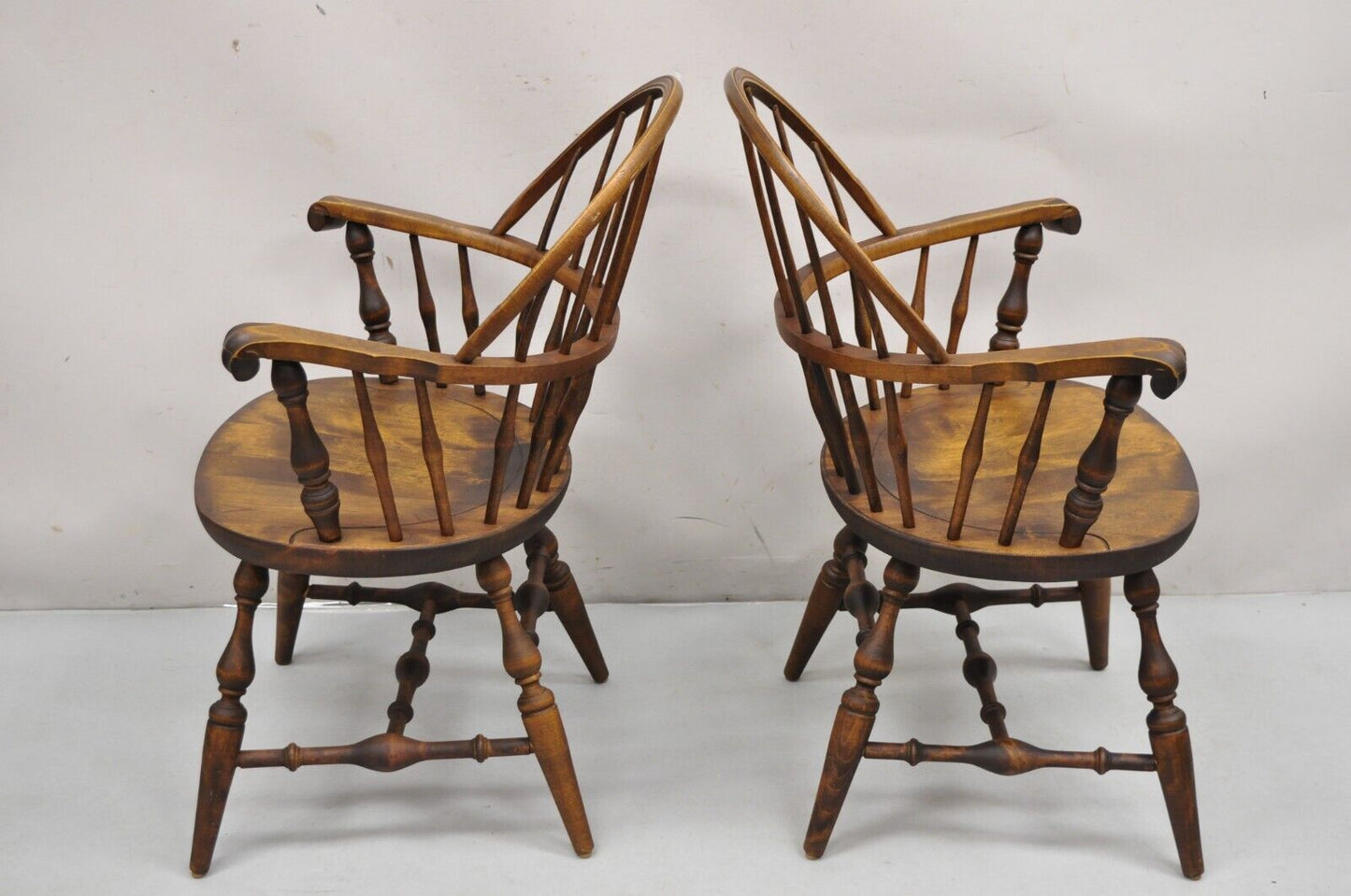 Nichols & Stone Rock Maple Wood Bowback Colonial Windsor Arm Chairs - a Pair