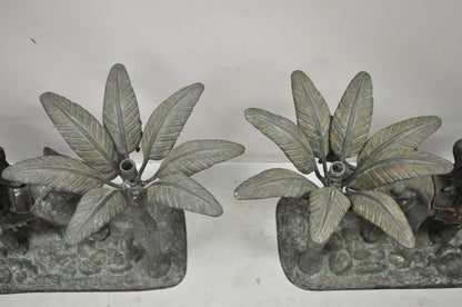 Maitland Smith Bronze Monkey Elephant Palm Tree Sculpture Candle Holder - a Pair