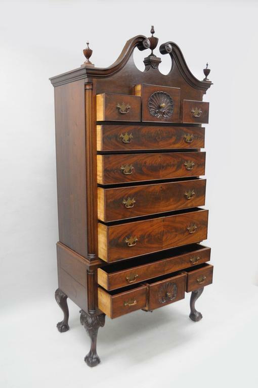 19th C. Crotch Mahogany Chippendale Ball and Claw Highboy Tall Chest of Drawers