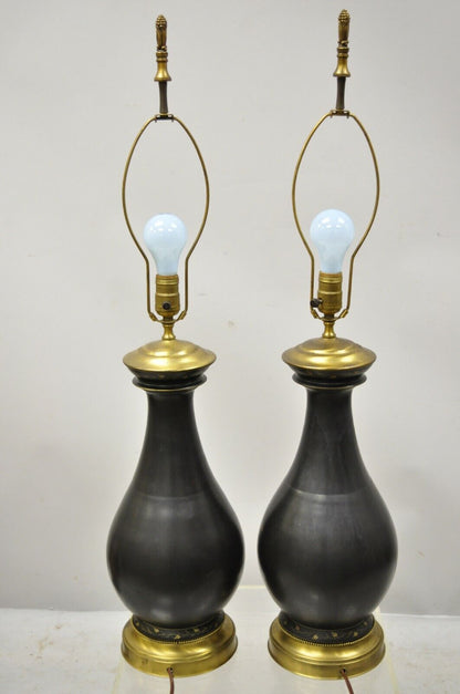 Antique French Neoclassical Black Porcelain Classical Bulbous Table Lamps - Pair