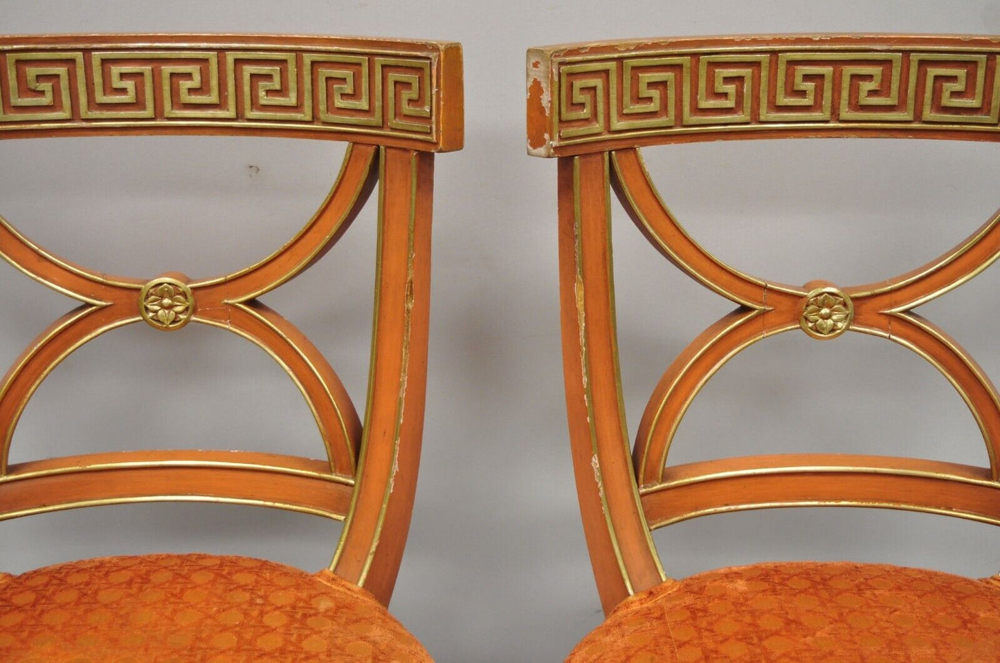 6 Hollywood Regency Italian Neoclassical Greek Key Painted Dining Room Chairs