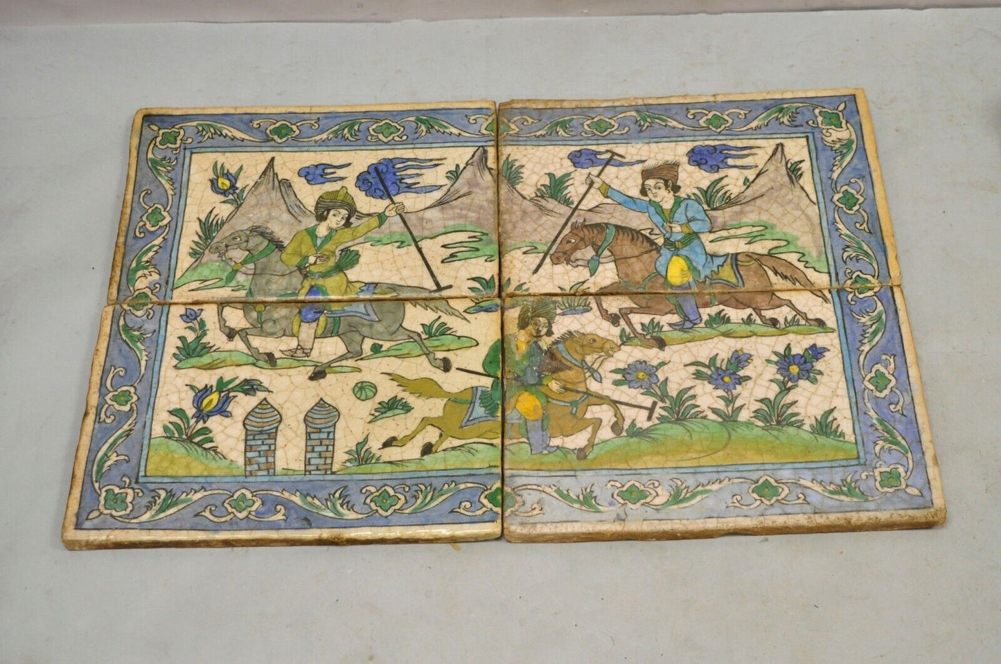 Antique Persian Iznik Qajar Style Ceramic Pottery Tile Mosaic Polo Players C7