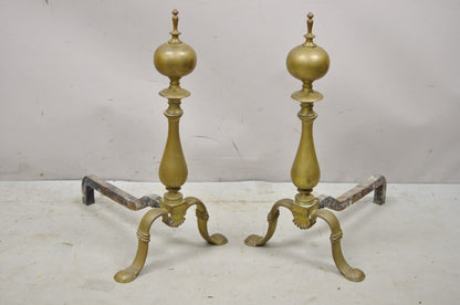 Antique Federal Brass Cannonball Cast Iron Fireplace Hearth Andirons - a Pair