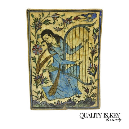 Antique Persian Iznik Qajar Style Ceramic Pottery Tile Woman Playing Harp C1