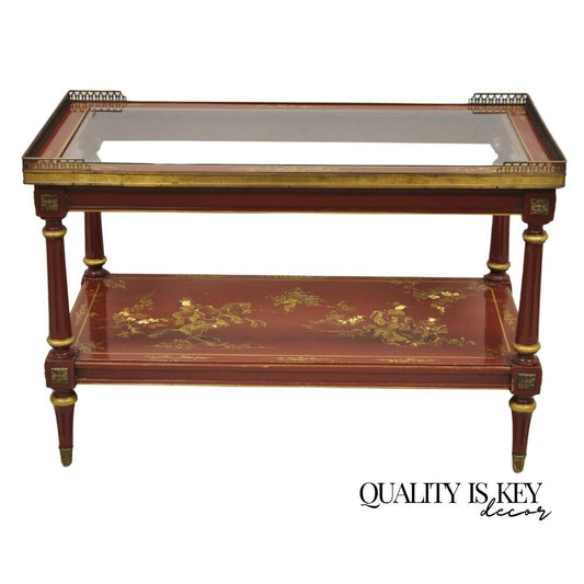 Chinoiserie Red Lacquer Gilt Painted Oriental Asian Glass Top Coffee Table