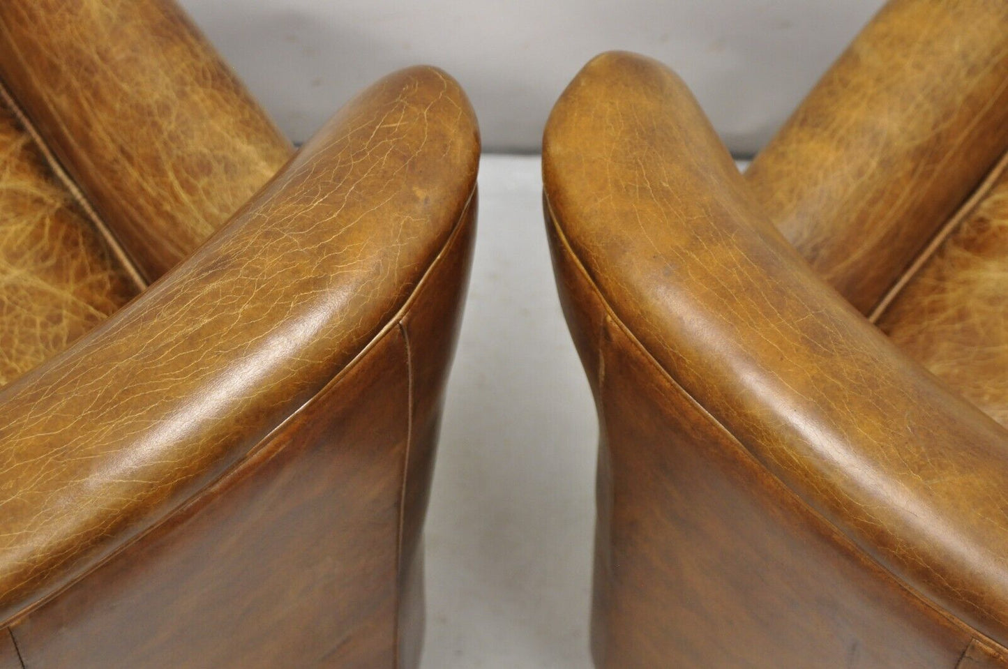 Pair English Brown Cigar Leather Regency Ralph Lauren Style Club Lounge Chairs
