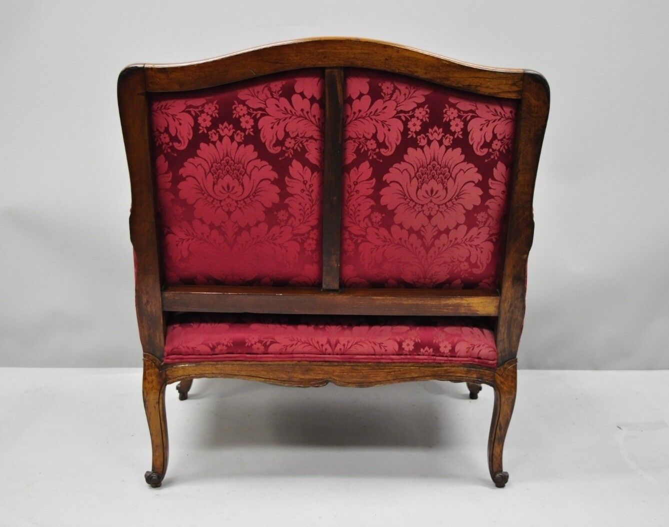 Antique French Country Louis XV Style Walnut Burgundy Small Wingback Settee