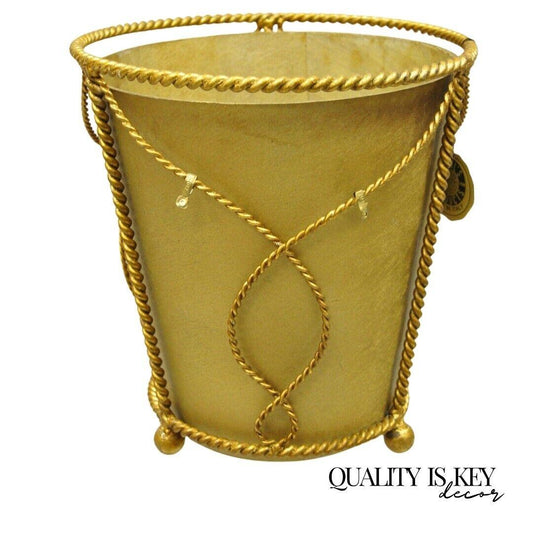 NOS Italian Gold Gilt Iron Hollywood Regency Wastebasket Trashcan with Liner