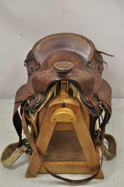 Vintage Brown Tooled Leather Embossed 14" Western Horse Saddle