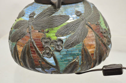 Tiffany Style Bronze and Leaded Stained Glass Blue Eye Dragonfly Table Lamp