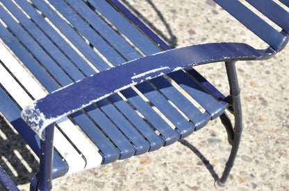 Vintage Faux Bamboo Aluminum Vinyl Straps Blue Patio Lounge Chair and Ottoman