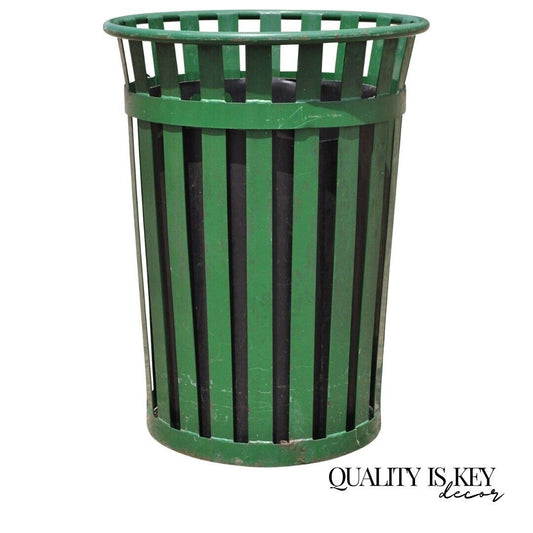 Outdoor Slatted Steel Metal Green Park Trash Can & Liner - 24 Gallon