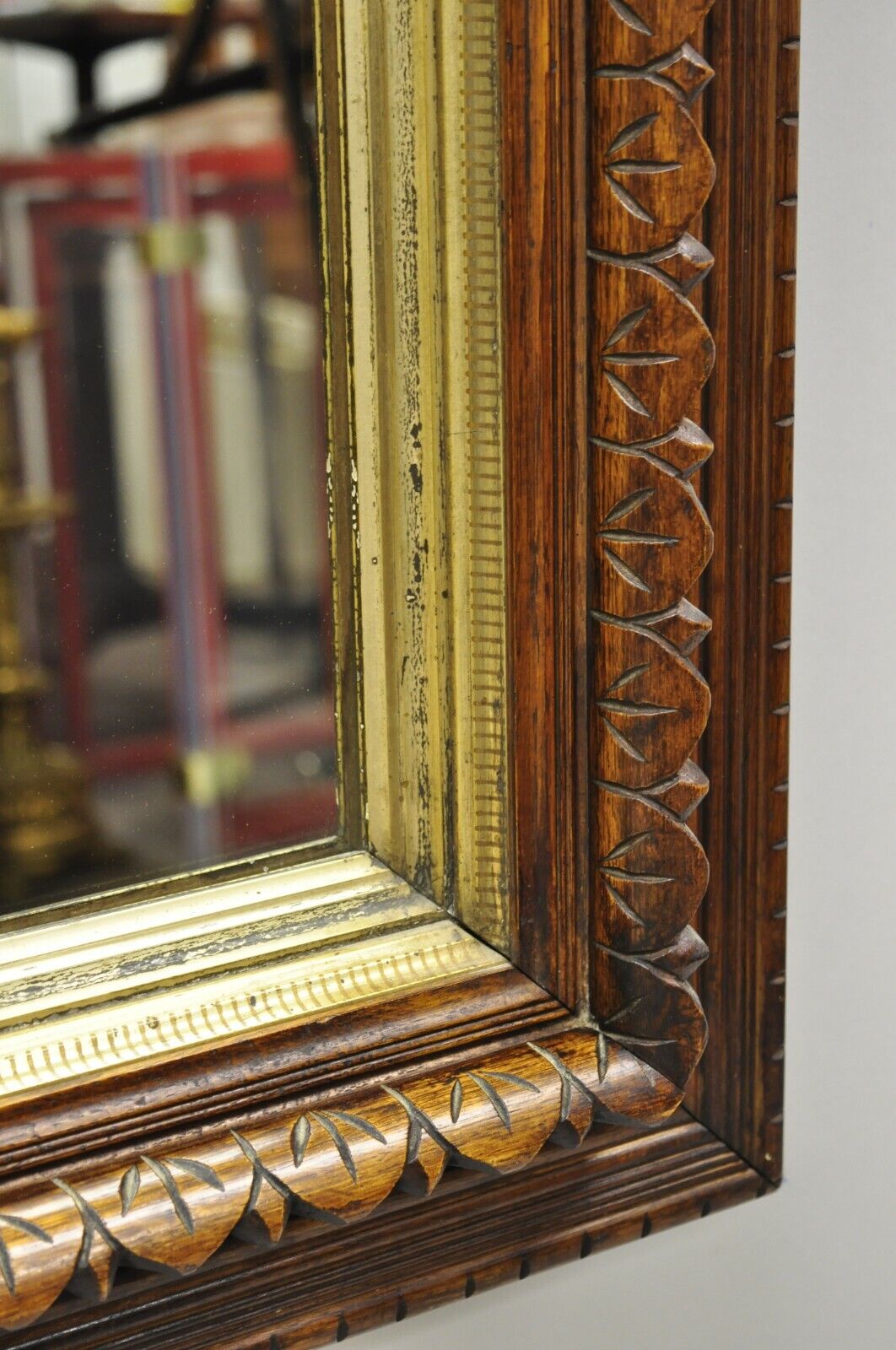 19th C American Victorian Hand Carved Oak Wood Gold Gilt Shadow Box Mirror