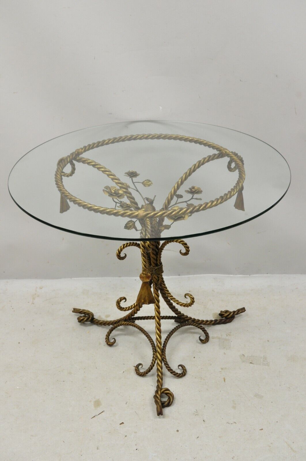 Italian Hollywood Regency Gold Gilt Iron Rope & Tassel Glass Top Center Table