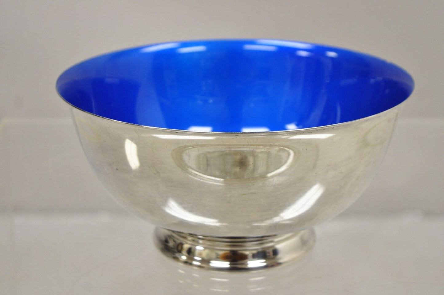 Vintage Reed & Barton Azure Blue Enamel Silver Plated Modern Round Serving Bowl