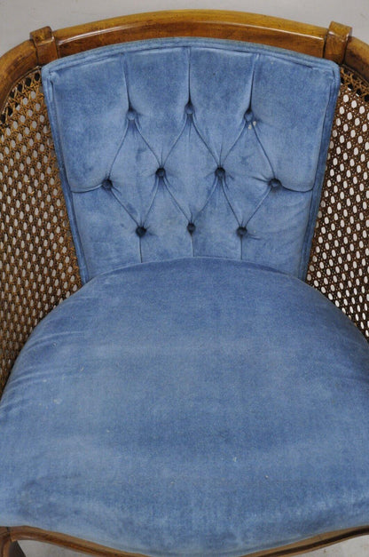 Vintage Hollywood Regency Cane Barrel Back Blue Club Lounge Chairs - a Pair