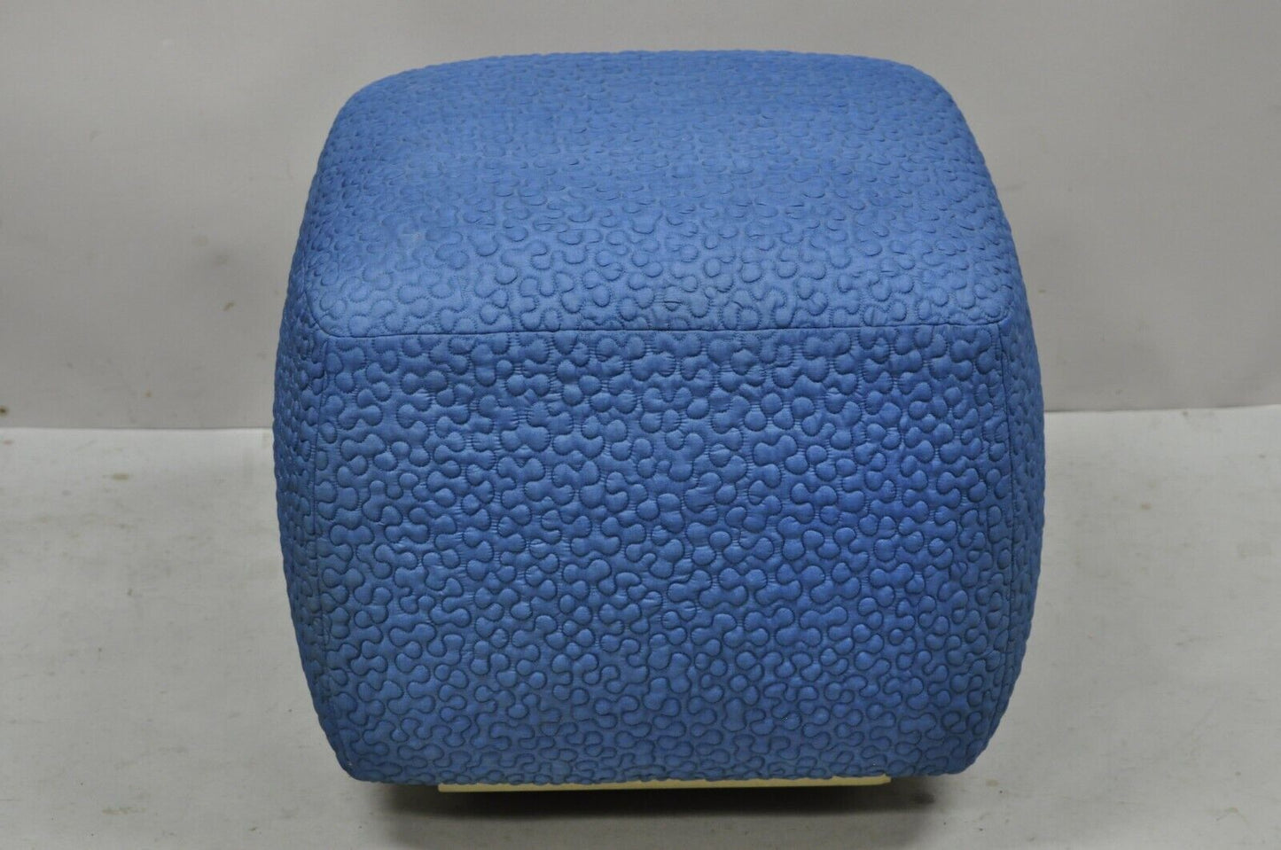 Vintage 1960s Square Pouf Ottoman Blue Stitched Fabric Rolling Casters Wheels