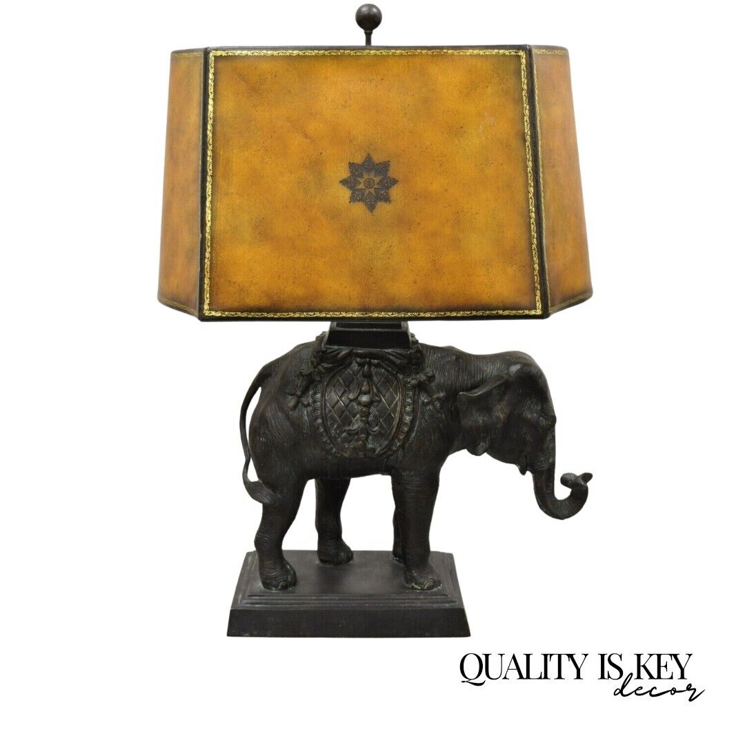 Maitland Smith Bronze Figural Elephant Table Lamp Faux Tooled Leather Shade (A)