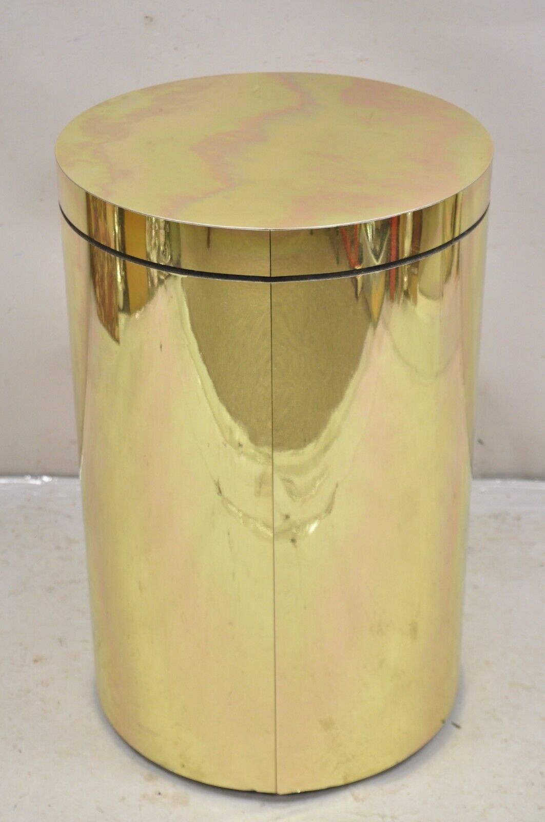 Vintage Mid Century Modern Wrapped Brass Clad Cylinder Gold Pedestal Side Table