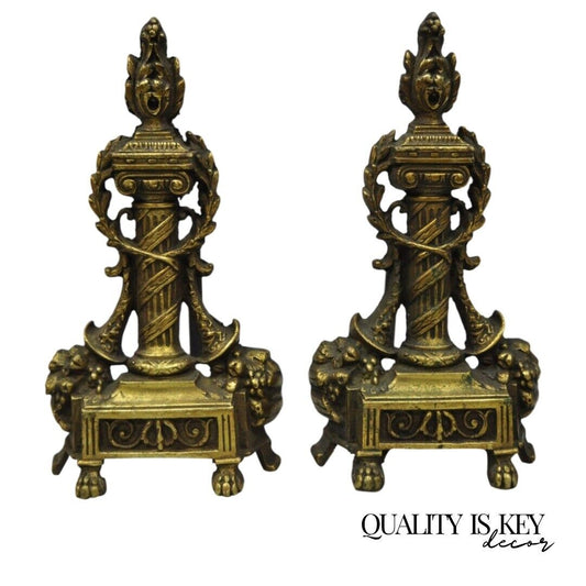 Pair of Small French Empire Louis XVI Style Brass Column & Flame Finial Andirons