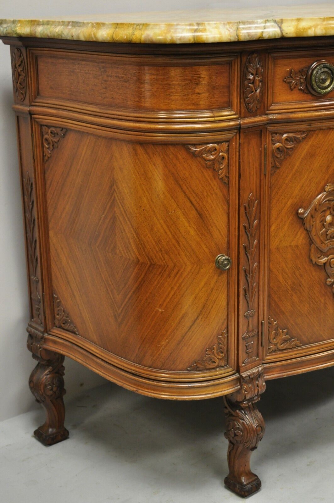 French Louis XV Renaissance Rouge Marble Top Demilune Buffet Sideboard Cabinet