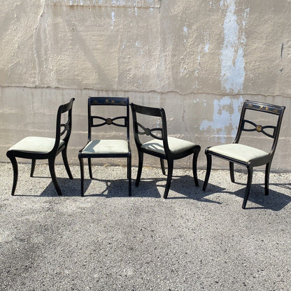 Vintage Chinoiserie Black Painted Asian Regency Style Dining Chairs - Set of 4