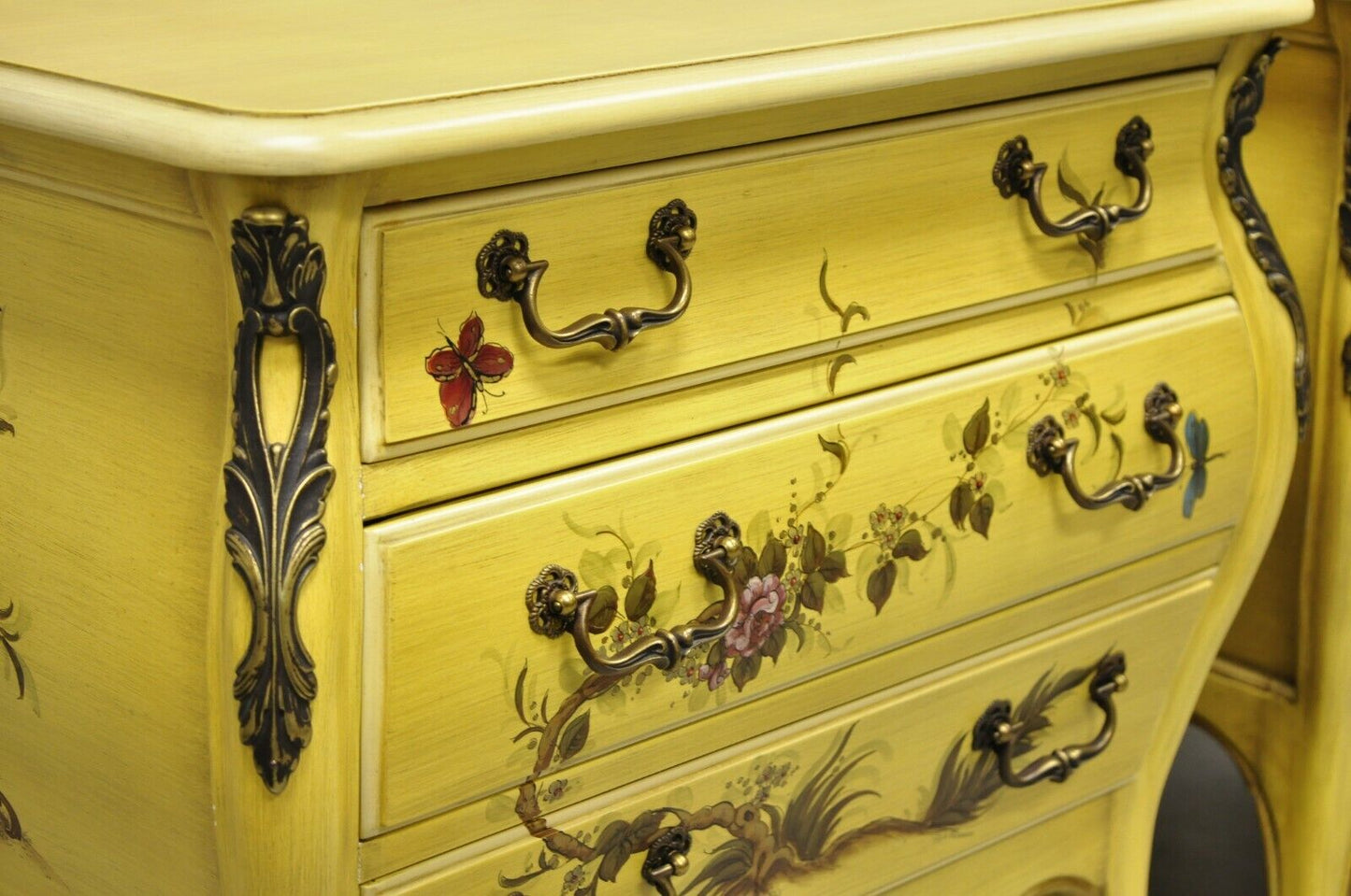 French Louis XV Style Yellow Butterfly Painted 3 Drawer Nightstands - a Pair