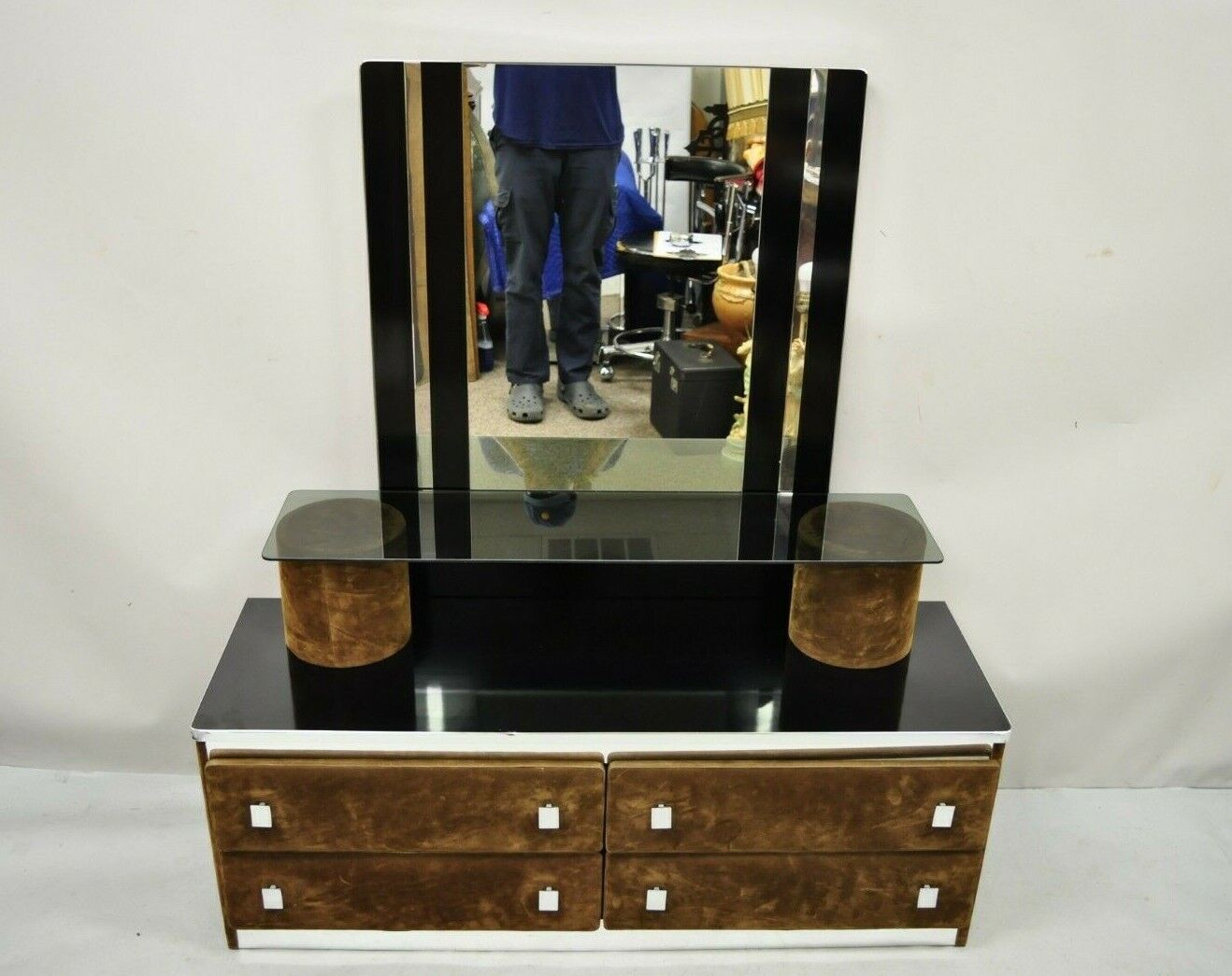 Vintage Art Deco Style Brown Upholstered Vanity Dressing Table Stand with Mirror