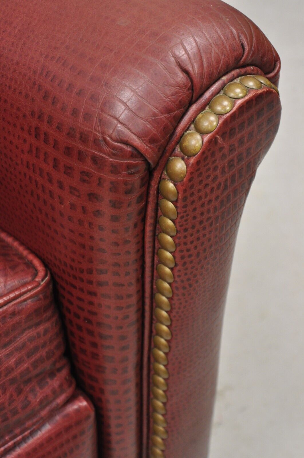 Ethan Allen Burgundy Red Croc Print Leather Upholstered Wingback Recliner Chair