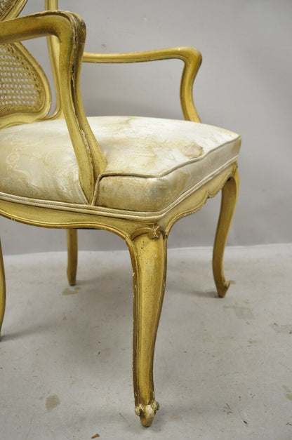 Vintage Italian Provincial French Louis XV Yellow Cane Back Dining Arm Chairs