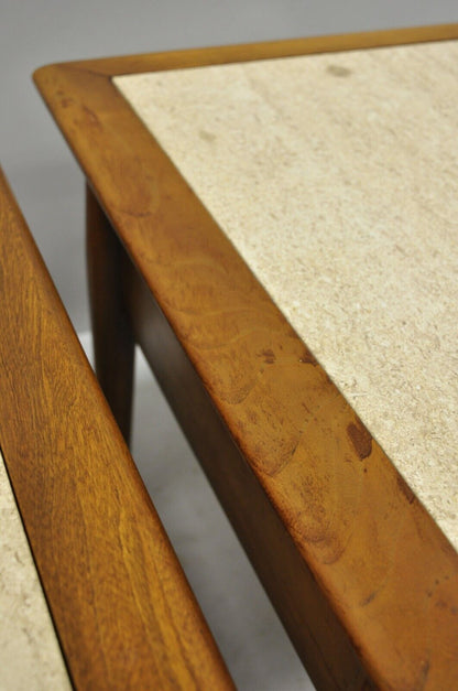 Pair of Mid Century Modern Lane Style Walnut & Travertine One Drawer End Tables