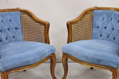 Vintage Hollywood Regency Cane Barrel Back Blue Club Lounge Chairs - a Pair