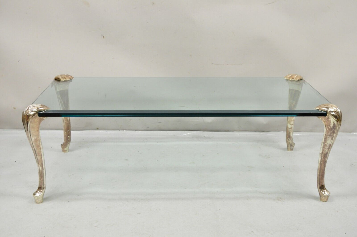 Vintage French Hollywood  Regency Beveled Glass Bronze Cabriole Leg Coffee Table