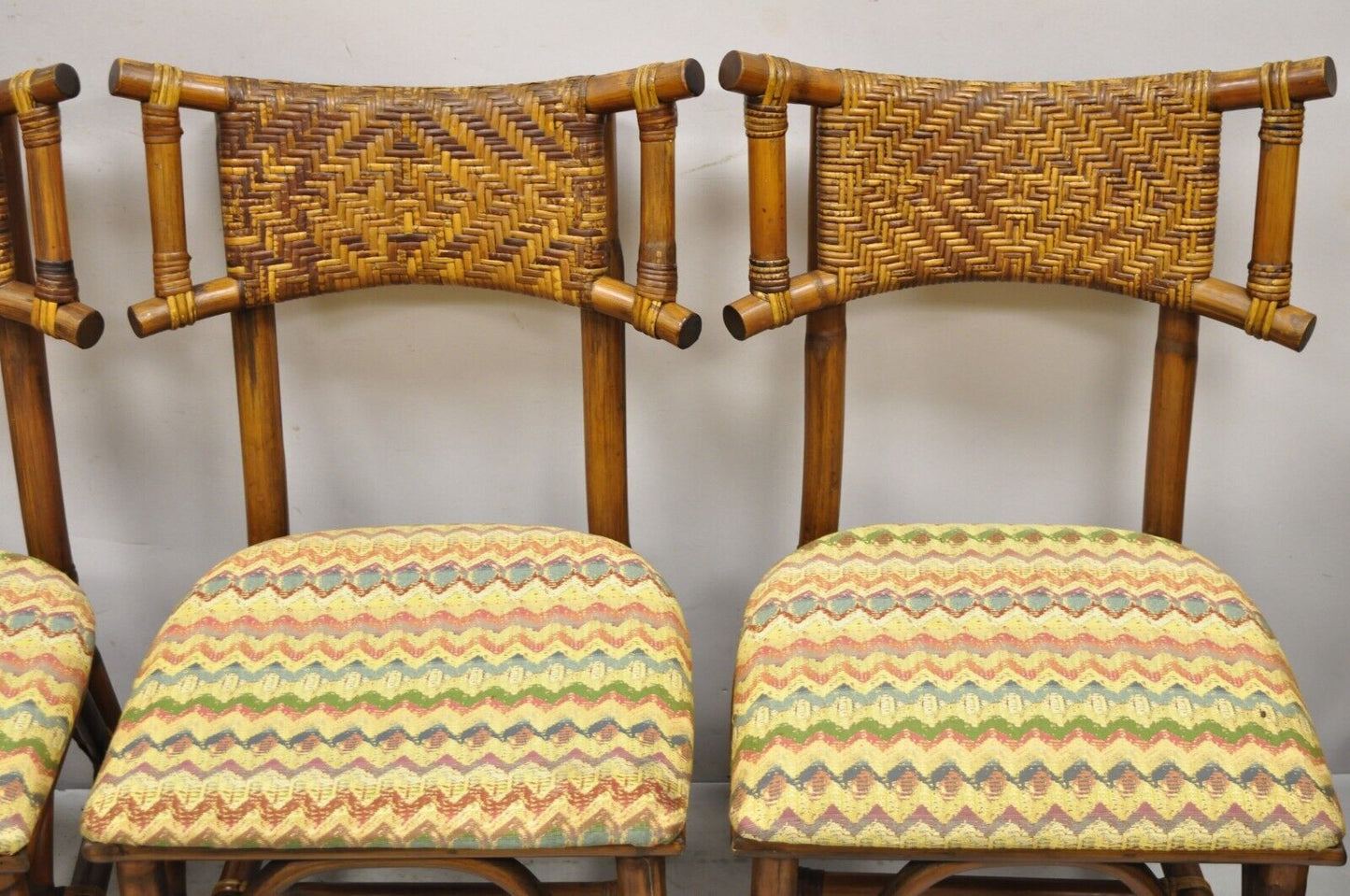 Vintage Bentwood Bamboo Rattan Tiki Hollywood Regency Dining Chairs - Set of 4