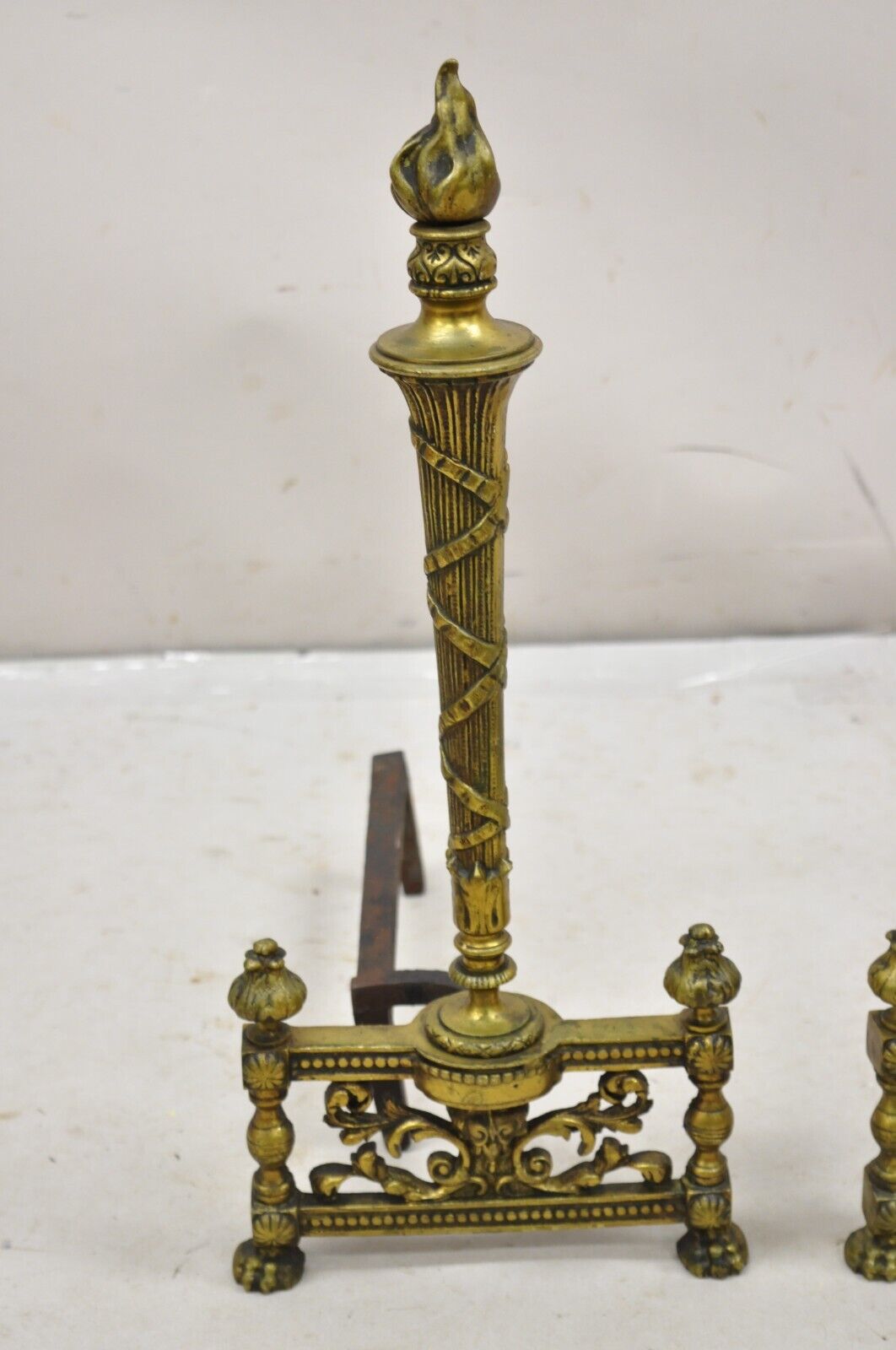 Antique French Empire Style Flame Finial Brass and Cast Iron Andirons - a Pair