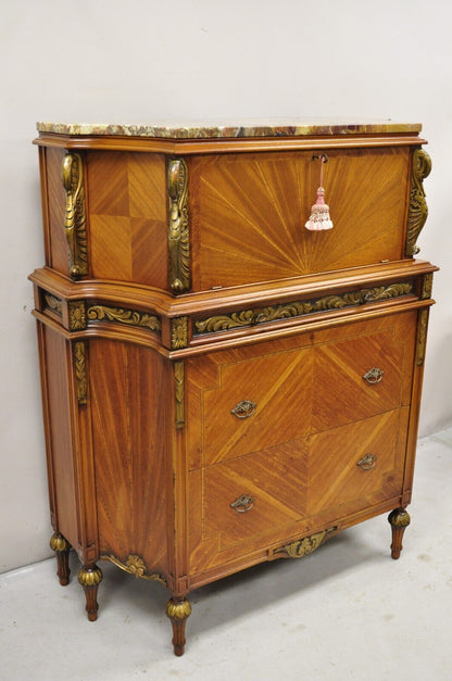 Antique French Louis XVI Style Marble Top Satinwood Tall Chest Dresser w/ Swans
