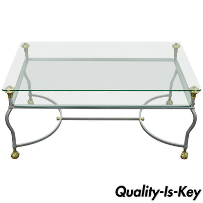Maison Jansen Style Brass Brushed Steel & Glass Ball and Claw Foot Coffee Table