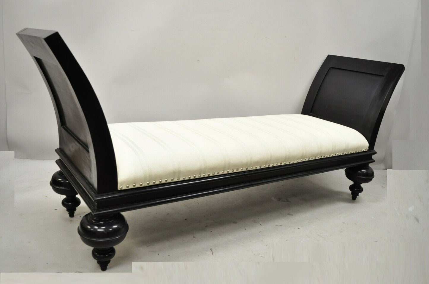 Late 20th C Hollywood Regency Italian Style Large Black Bun Feet Window Bench