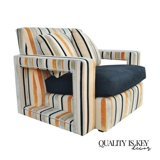 Large Hollywood Regency Modern Striped Upholstered Lounge Club Movie Arm Chair