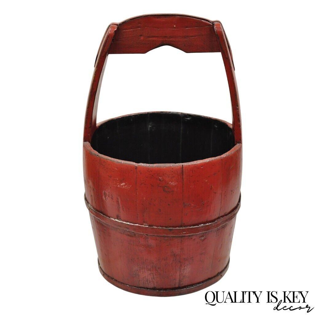 Vintage Rustic Primitive Chinese Wooden Red Painted Water Bucket with Handle