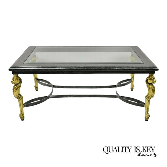 Italian Regency Style Brass Lion Marble Inlay Glass Top Steel Coffee Table