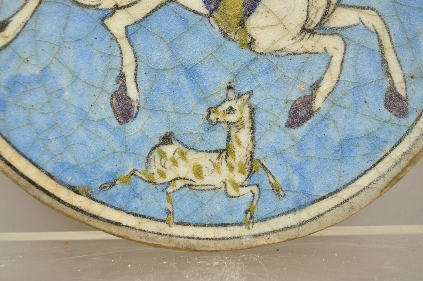 Antique Persian Iznik Qajar Style Ceramic Pottery Round Tile Blue Horse Rider C4