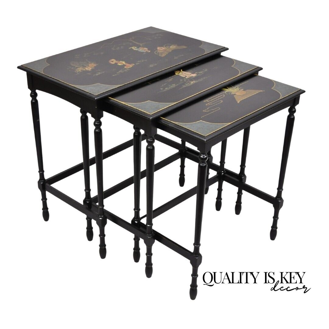 Vtg Chinoiserie Asian Inspired Black Nesting Side Tables by Paalman - Set of 3