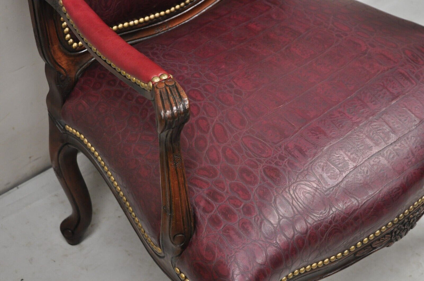 French Country Louis XV Style Burgundy Leather Faux Reptile Cowhide Armchair