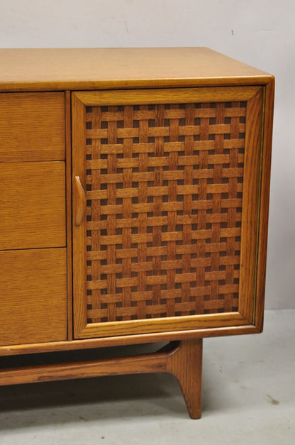 Lane Perception Mid Century Modern Oak Wood Lattice Long Dresser Credenza