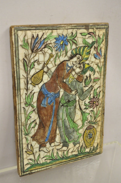 Antique Persian Iznik Qajar Style Ceramic Pottery Tile Green Couple Embrace C1